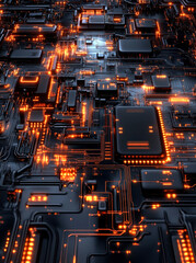 Poster - A mesmerizing close-up of a complex circuit board, featuring intricate lines and glowing orange components, showcasing the depth of modern technology and electronic engineering.