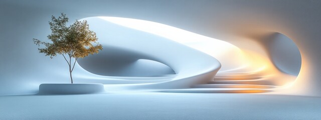 Poster - Minimalist White Curves Architectural Scene with Soft Lighting and Symmetrical Composition