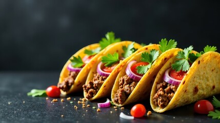 Wall Mural - A Delicious Row of Ground Beef Tacos with Fresh Tomatoes and Onions, Garnished with Parsley