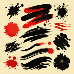 Wall Mural - red and Black Paint Brush Stroke Set