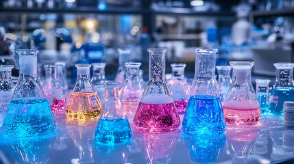 Poster - Table displaying various colorful glass bottles in different shapes and sizes