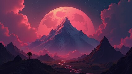 Wall Mural - A mountain range with a large red moon in the sky