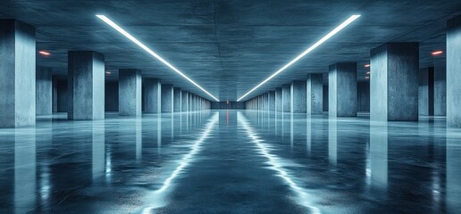 Aufkleber - Futuristic Industrial Underground Garage with Concrete Floors and Angular Columns in Dark Tones and Bright Lights