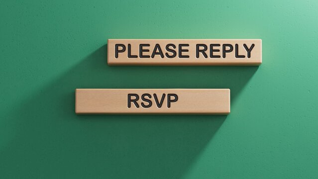Word rsvp. Wooden small cubes with letters. Wooden cube blocks. Copy space.3D rendering on green background.