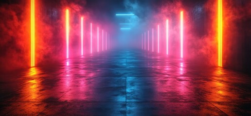 Poster - Futuristic Neon Lines Glowing on Polished Concrete Floor in Dark Space