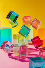 Poster - Colorful glass cubes with vibrant reflections on yellow, pink background. Modern art, geometric abstraction, contemporary design.