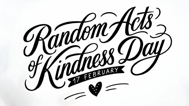 Random acts of kindness day hand-drawn calligraphy lettering. 17 February world altruistic holiday event greeting card decoration graphic element. Black words on white background