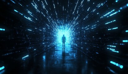 Aufkleber - Silhouette of person walking towards bright light in futuristic digital tunnel.