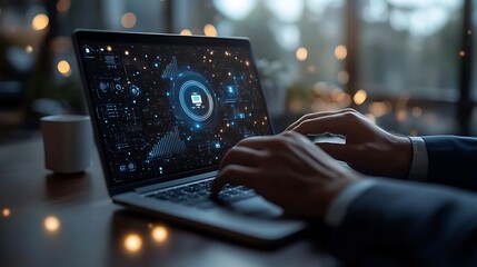 A businessman is using a laptop with an AI technology