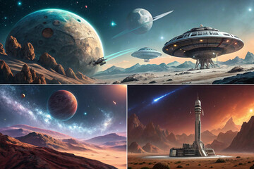 Wall Mural - spaceship and space, illustrations of science fiction in space