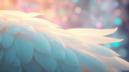Wall Mural - Ethereal feathers, soft white plumage, dreamy teal background, bokeh lights, macro detail, delicate textures, pastel hues, angelic wings, celestial atmosphere, surreal, ethereal glow, dreamlike 
