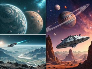 Wall Mural - spaceship and space, illustrations of science fiction in space