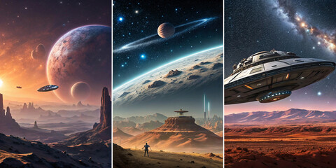 Wall Mural - spaceship and planet, illustrations of science fiction in space