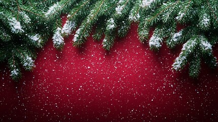 Festive christmas decor with snowy pine branches on red background holiday atmosphere close-up view