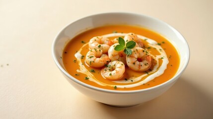 Wall Mural - Creamy pumpkin soup garnished with succulent shrimp and fresh herbs in a pristine white bowl