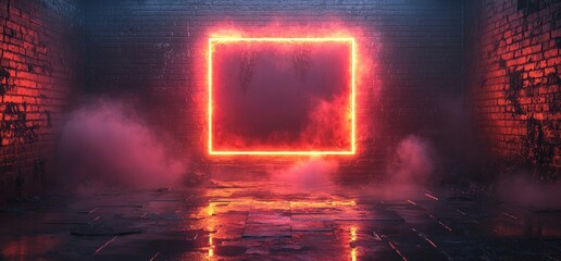 Aufkleber - Neon Glowing Room with Futuristic Rectangle Frame in Gritty Brick Background and Reflective Floor for Cyberpunk Art