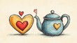 © Rauf - Retro tea pot, kettle with heart, doodle illustration, love hot drinks, white background, isolated