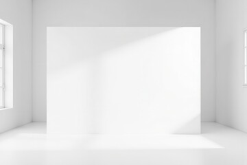 Poster - Bright and Minimalist White Studio Space Featuring an Empty Billboard for Graphics or Advertisements with Soft Natural Light and Clean Design