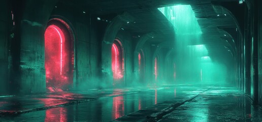 Aufkleber - Futuristic Underground Neon Corridor with Dynamic Lighting and Textured Concrete Walls