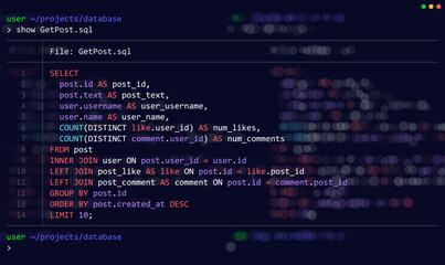 Fototapete - Structured Query Language (SQL) Query Select Posts from Database. Relational Database SQL Code. Example of Code to Query Data from a Server. Vector Background.