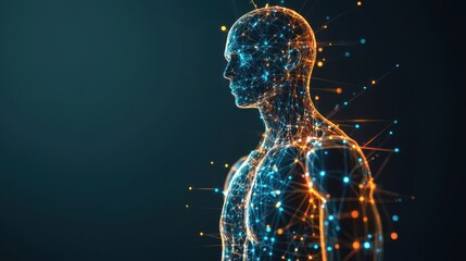 Fototapete - A digital silhouette of a human figure composed of glowing particles, representing technology and the fusion of humanity with digital elements.