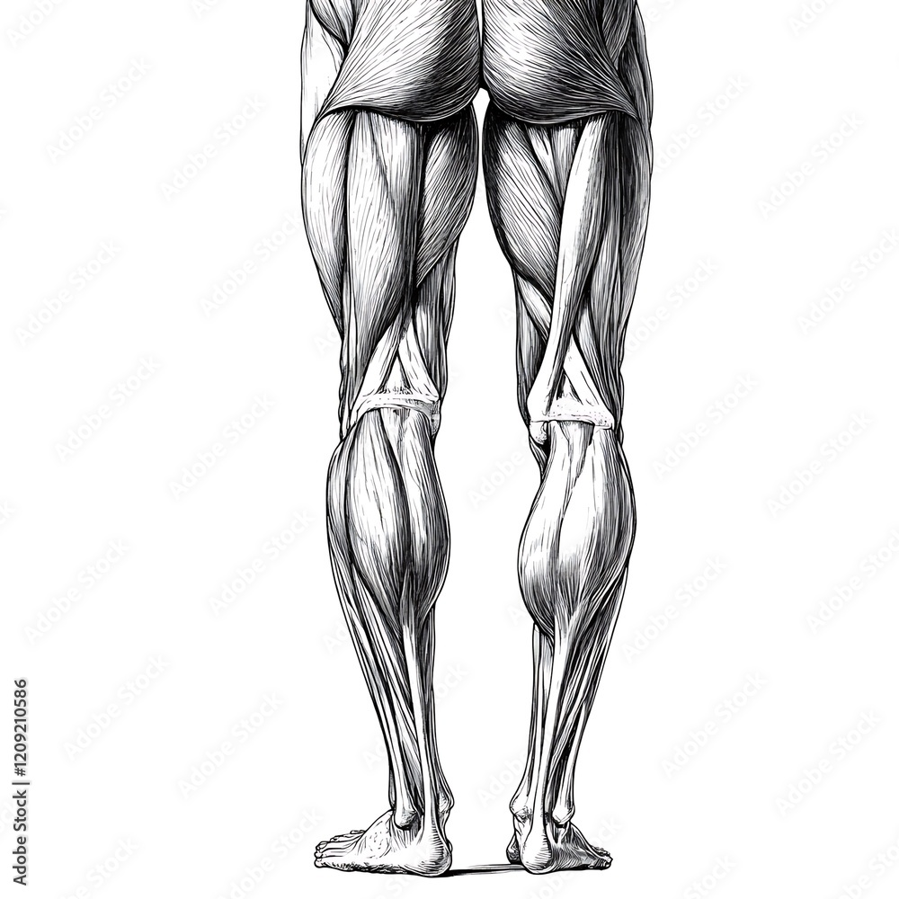 Detailed anatomical illustration of human leg muscles, posterior view ...