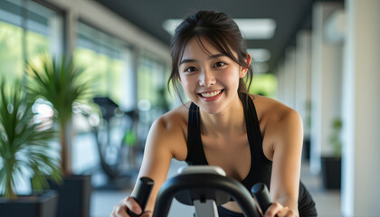 A young woman enjoys cycling in a modern gym, promoting fitness and health.