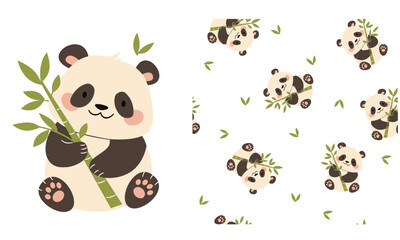 Wall Mural - Vector set for printing on children's products. Cute panda with bamboo branch, printable print and seamless vector pattern . Vector illustration