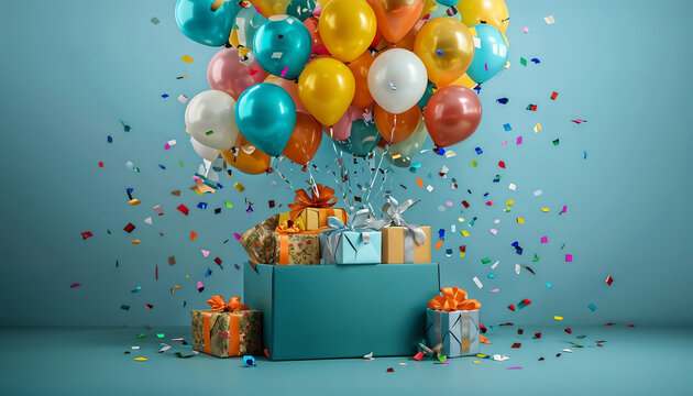 Festive Scene With Teal Gift Box And Colorful Balloons, Happy Birthday concept.