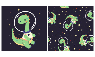 Wall Mural - Vector set for printing on children's products. Cute dinosaur flying in space, printable print and seamless vector pattern . Vector illustration