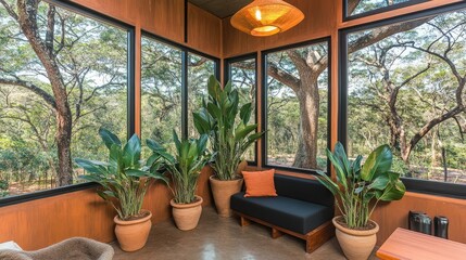 Wall Mural - Sunroom with plants, forest view, relaxing seating.  Ideal for interior design blogs