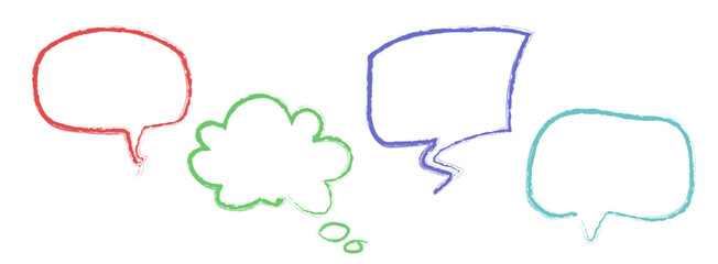 Poster - Colorful hand drawn speech bubble shapes with crayon texture in red, green, blue and turquoise outlines for comic dialogue, chat message or conversation design elements. Speak and think balloons.
