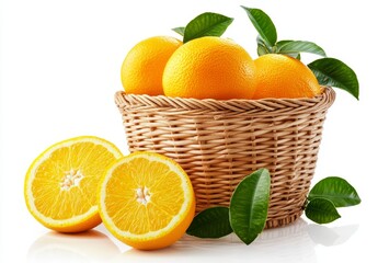 Wall Mural - Fresh oranges in wicker basket with leaves and sliced oranges.