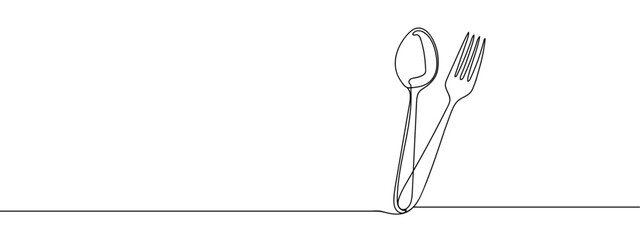 Wall Mural - One continuous line, spoon and fork, dining table line art vector illustration with transparent background editable stroke.