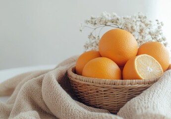 Wall Mural - Fresh oranges in a wicker basket with flowers and beige fabric.