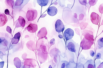 Poster - Watercolor abstract pattern showcasing vibrant leaves in purple and pink hues with soft background blending
