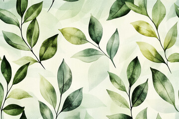 Poster - Delicate watercolor pattern featuring abstract leaf shapes in various shades of green on a light background