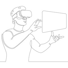Poster - Young man the guy plays, works in virtual reality glasses. One continuous drawing line, logo single hand drawn art doodle isolated minimal illustration.
