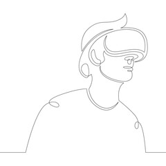 Poster - Young man the guy plays, works in virtual reality glasses. One continuous drawing line, logo single hand drawn art doodle isolated minimal illustration.