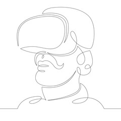 Poster - Young man the guy plays, works in virtual reality glasses. One continuous drawing line, logo single hand drawn art doodle isolated minimal illustration.