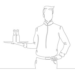 Wall Mural - Male waiter with a tray of food drinks at work in a cafe restaurant. One continuous drawing line, logo single hand drawn art doodle isolated minimal illustration.