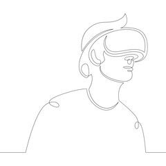Poster - Young man the guy plays, works in virtual reality glasses. One continuous drawing line, logo single hand drawn art doodle isolated minimal illustration.
