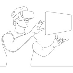 Poster - Young man the guy plays, works in virtual reality glasses. One continuous drawing line, logo single hand drawn art doodle isolated minimal illustration.