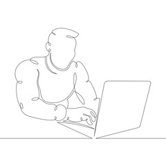 Poster - Young male designer student manager works at the laptop. One continuous drawing line, logo single hand drawn art doodle isolated minimal illustration.