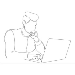 Poster - Young male designer student manager works at the laptop. One continuous drawing line, logo single hand drawn art doodle isolated minimal illustration.