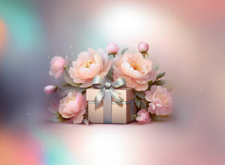 Poster - A light beige gift box sits amongst a bouquet of soft pink peonies, adorned with a silver ribbon.  The background is a soft, blurred pastel.