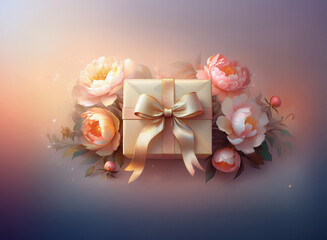 Poster - A beige gift box adorned with a golden bow sits amidst delicate peach peonies, creating a dreamy, celebratory scene. Soft lighting enhances the elegant floral arrangement.