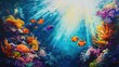 © tita - A vibrant underwater scene showing a variety of tropical fish darting among colorful coral, with sun rays filtering through the water.