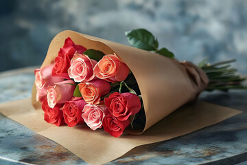 Wall Mural - bouquet of red and pink roses wrapped in kraft paper lies on rustic table softly lit and surrounded by generous copy