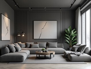 Industrial dark style interior design, 3D rendering